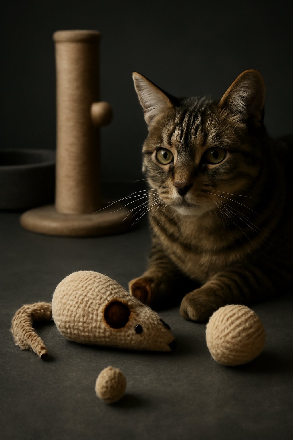 Katzenangel mit bunten Federn